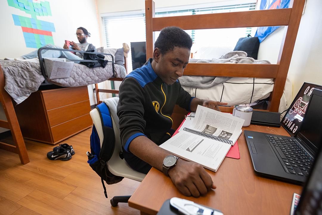 Compañeros de cuarto haciendo tareas escolares en la habitación